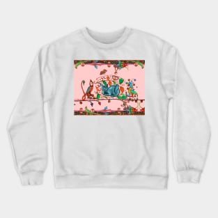 WEIRD MEDIEVAL BESTIARY HUNTER CAT, KNIGHT BIRD AND FALCON MONK IN PINK Crewneck Sweatshirt